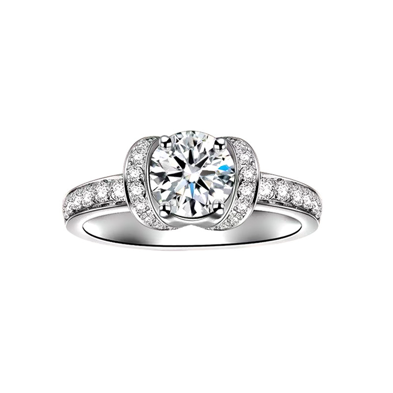 Round Cut Stone & Ribbon Knot Style Setting Halo Diamond Ring With Half Eternity Pave Band