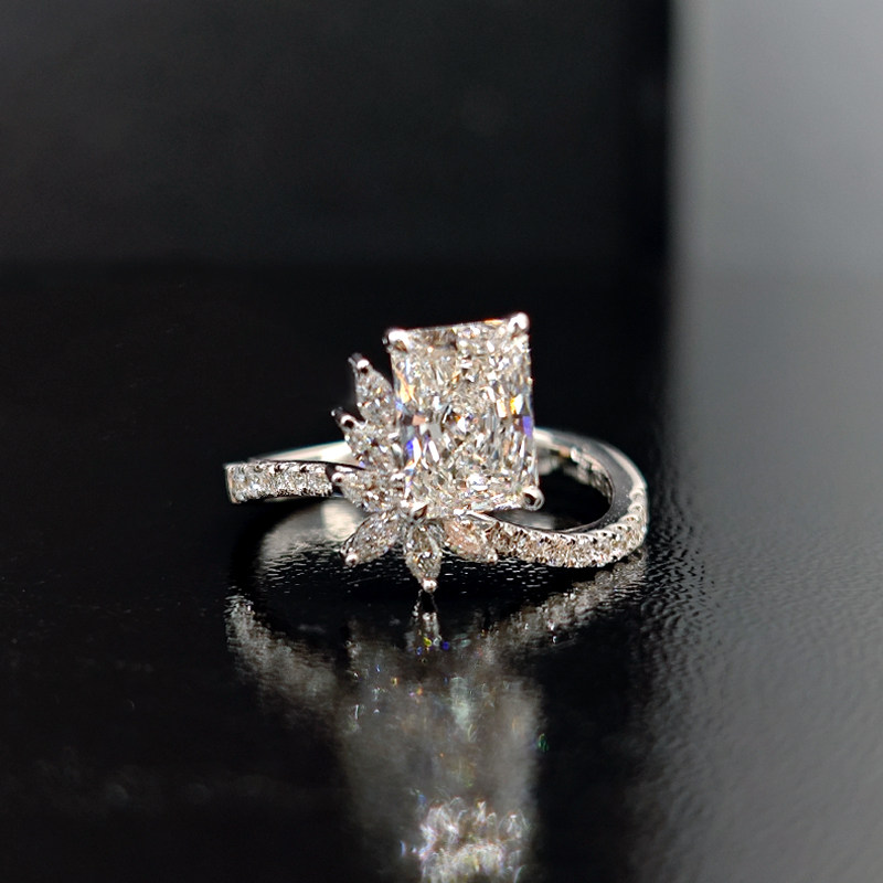 Art Deco Brilliant Radiant Cut Floral Cluster Accent Diamond Ring With Wavy Band