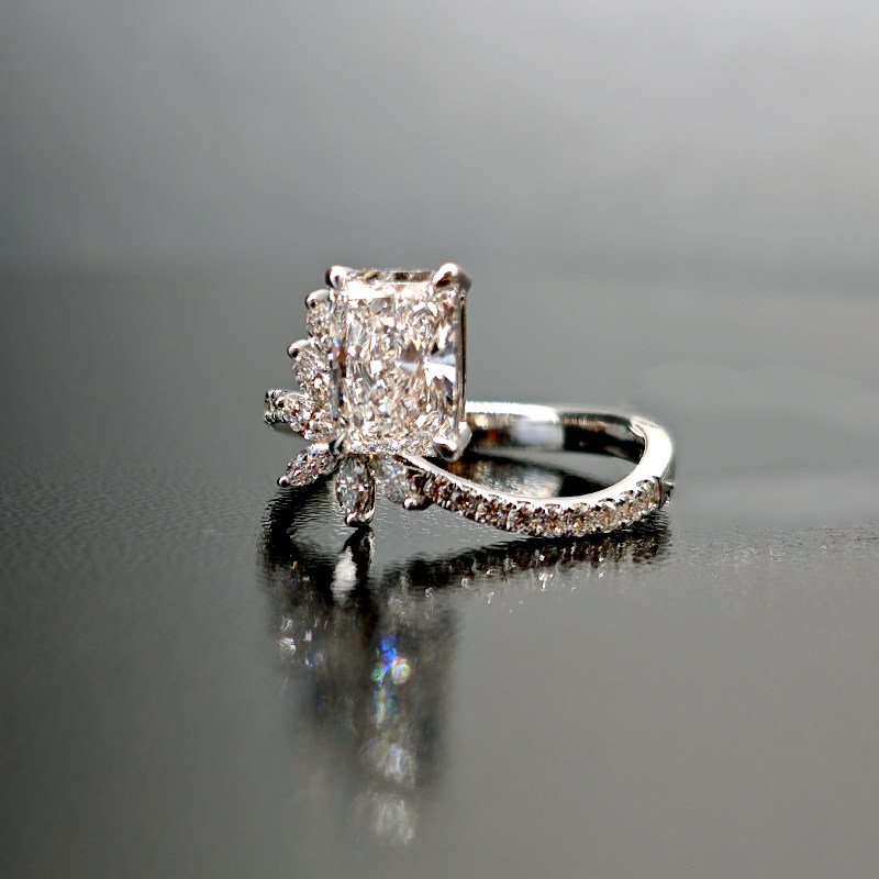 Art Deco Brilliant Radiant Cut Floral Cluster Accent Diamond Ring With Wavy Band details