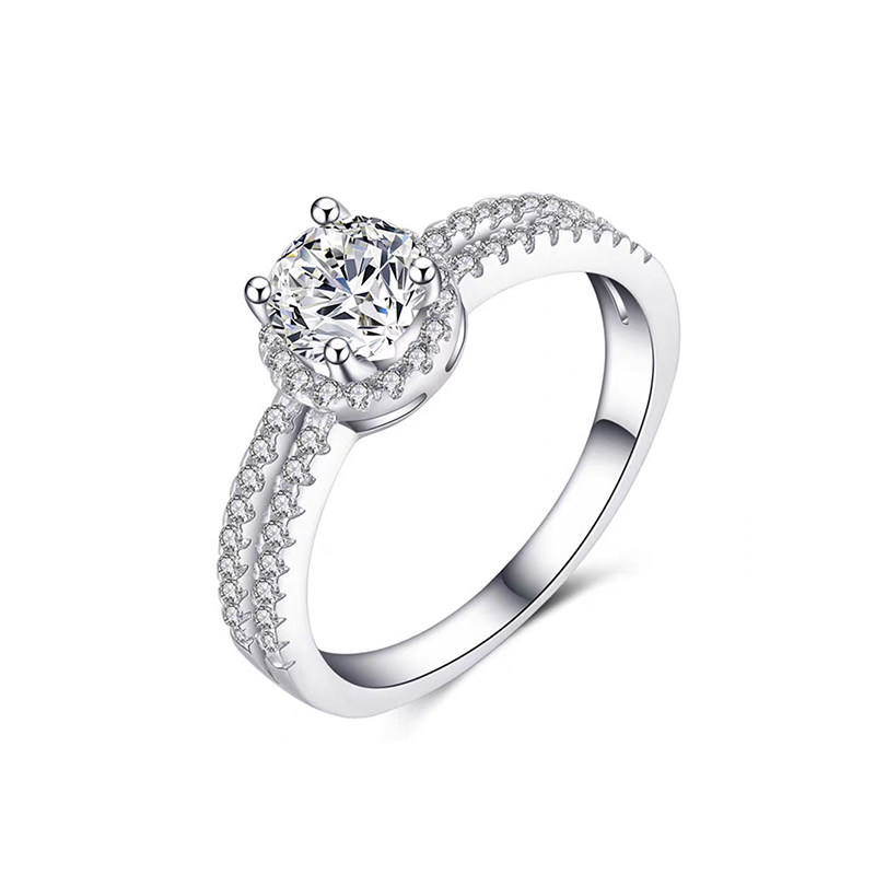 Low Profile Round Cut Halo Diamond Ring With Split Double Row Half Pave Band