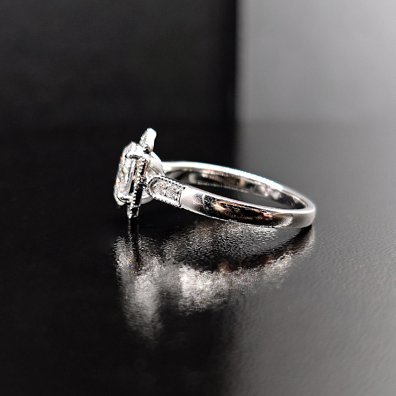 Oval Cut Floral Deco Halo Cultivated Diamond With Pave Shoulder Slim Band side view
