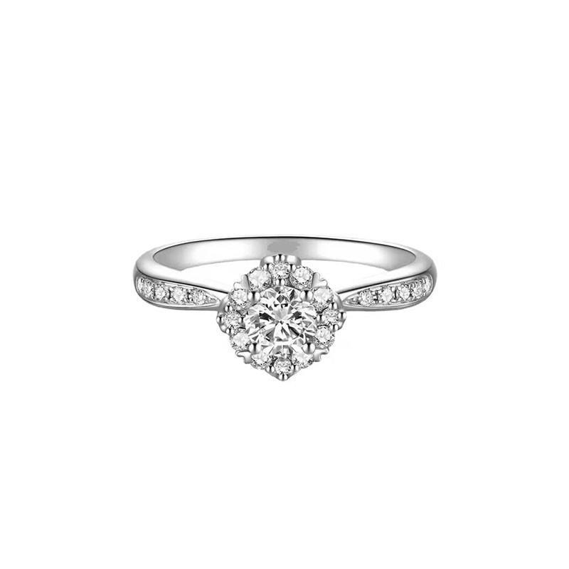 Round Cut Main Stone Bud Head Halo Diamond Ring With Tapered Pave Shank
