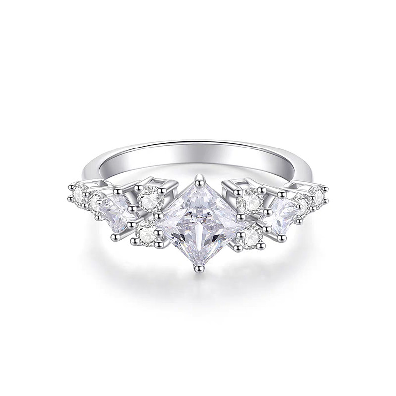 1+2 Vertical Princess Cut Main Stone & 8 Round Cut Accents Man Made Diamond Ring white background image