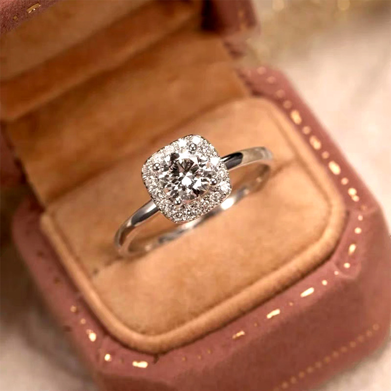 Solitaire Round Cut Main Stone Cushion Halo Diamond RIng With Slim Band in box