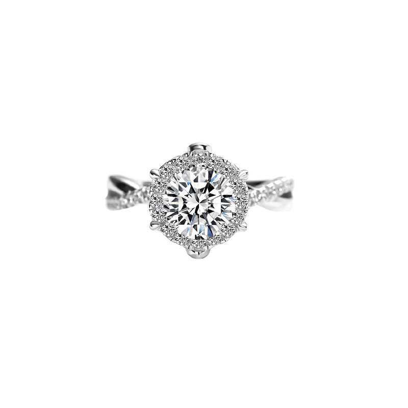 Round Cut Solitaire Bud Setting Halo Diamond Ring With Twisted Singel Row Half Pave Shank