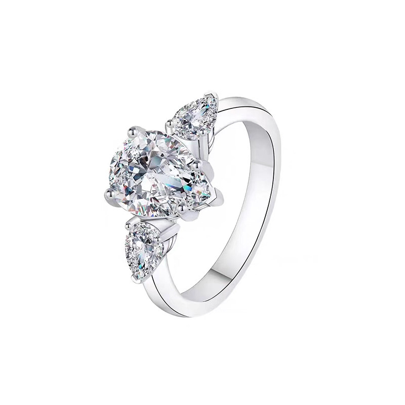 Three Pear Stone Lab Cultured Diamond Engagement Ring With Beveled Band