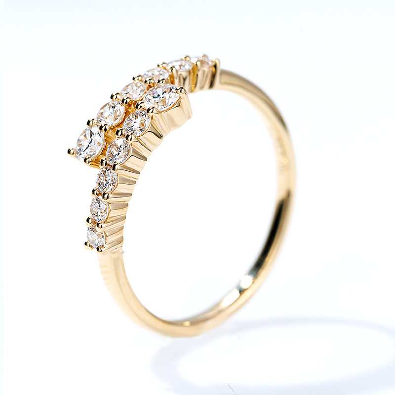 18K Yellow Gold Dainty Quarter Pave Diamond Wedding Ring with Staggered Overlapping Band details