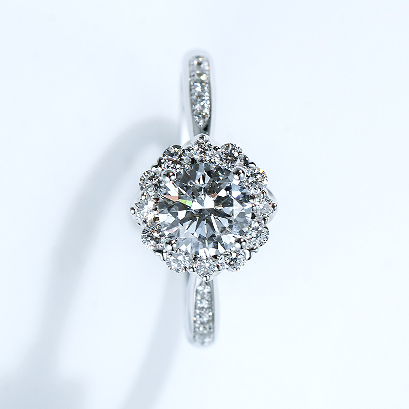 Stunning Round Cut Floral Halo Eternity Engagement Ring with Quarter Pave Band top View