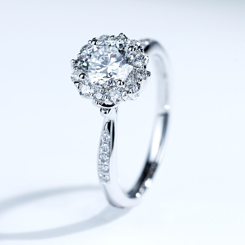 Stunning Round Cut Floral Halo Eternity Engagement Ring with Quarter Pave Band in 18k white gold