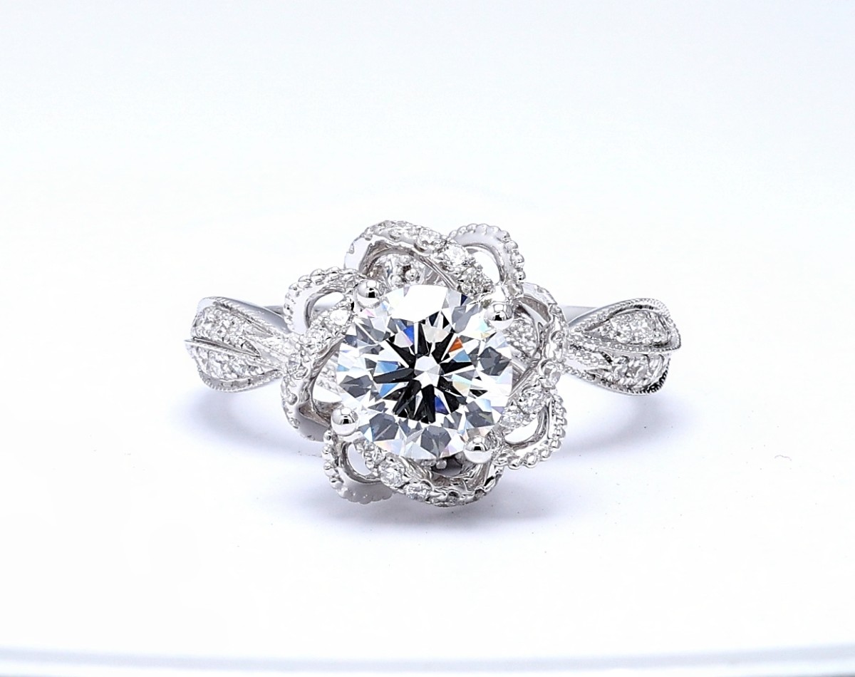 1.749 ct. tw. Openwork Floral Shaped Engagement Ring with Twisted Quarter pave Band front view