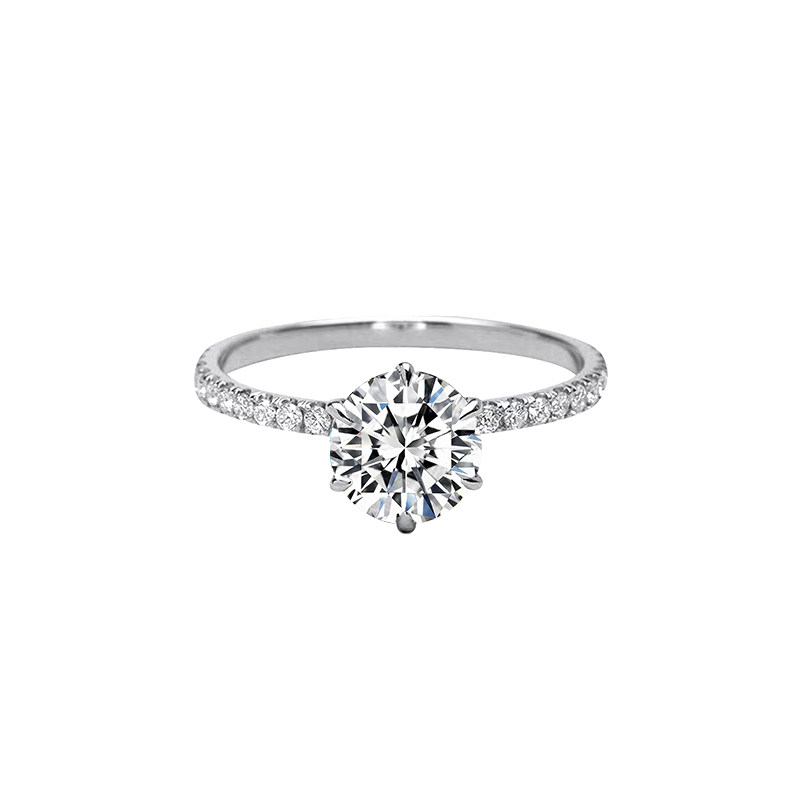 Solitaire 6 Prong Round Cut Lab Grown Diamond Engagement Ring With Half Pave Shank front view