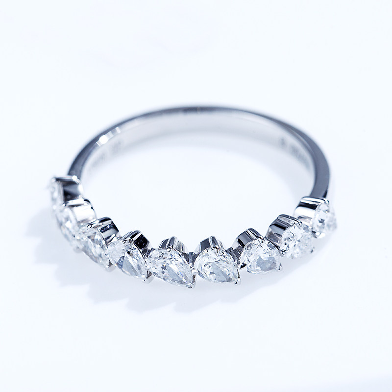 9 Tiny Pear Cut Half Paving Synthetic Diamond Wedding Ring in 18K White Gold top view
