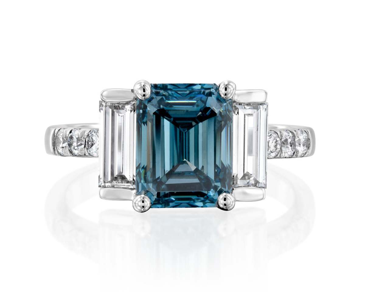Blue Emerald & Baguette Cultured Diamond Ring