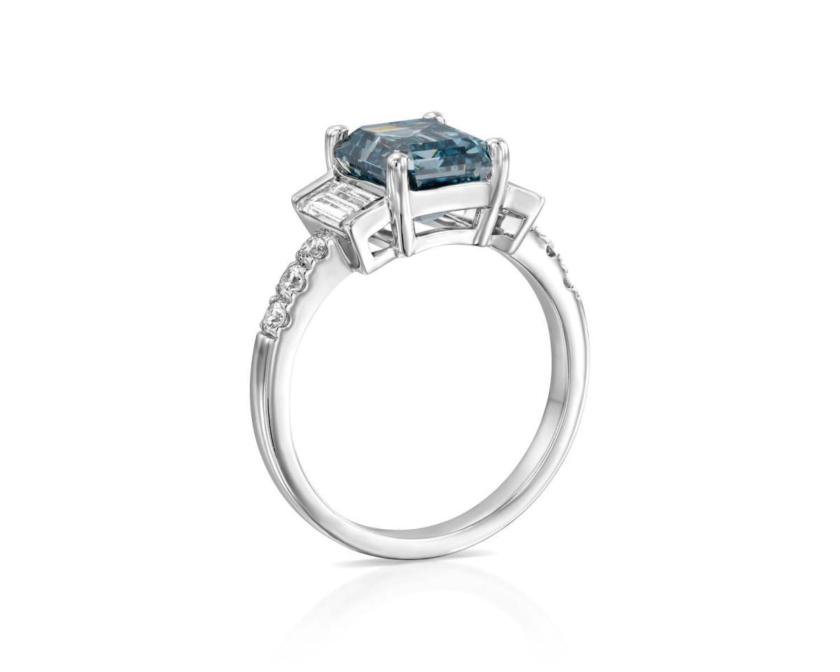 Blue Emerald & Baguette Cultured Diamond Ring side view