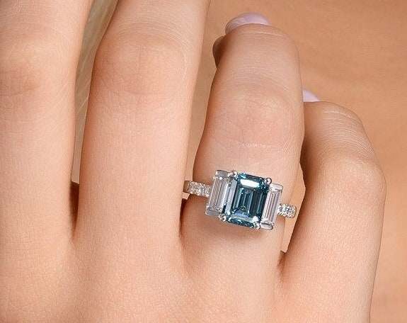 Blue Emerald & Baguette Cultured Diamond Ring wearing effect