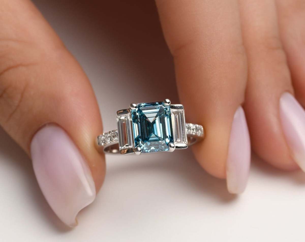Blue Emerald & Baguette Cultured Diamond Ring close view