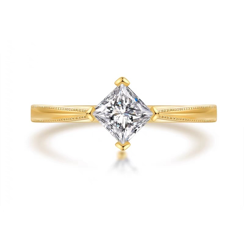4-Prong Princess Cut Milgrain Detail Man Made Diamond Solitaire Ring in Yellow Gold