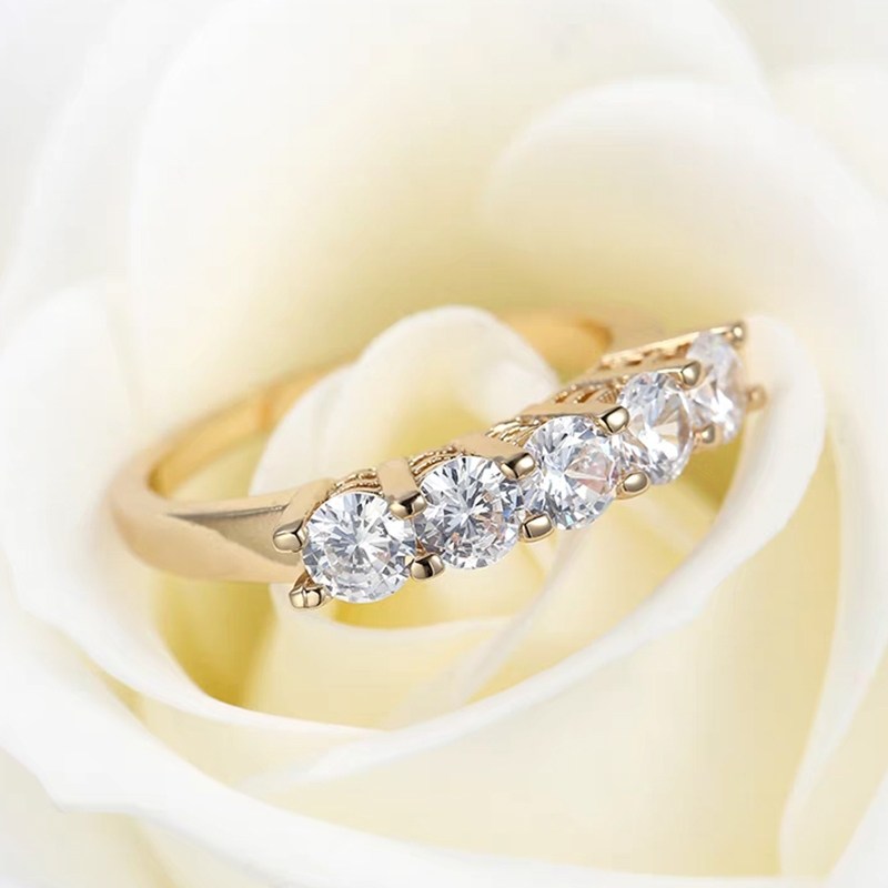5 Stone Round Prong Yellow Gold Man Made Diamond Stackable Anniversary Wedding Band