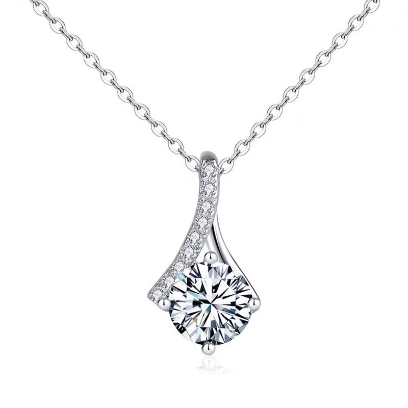 Round Cut Solitaire Diamond White Gold Necklace With Elongated Split Pave Bar Bail in blank background