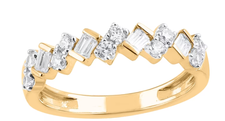 Alternating Round & Baguette Cut Yellow Gold Lab Grown Diamond Stackable Anniversary Band