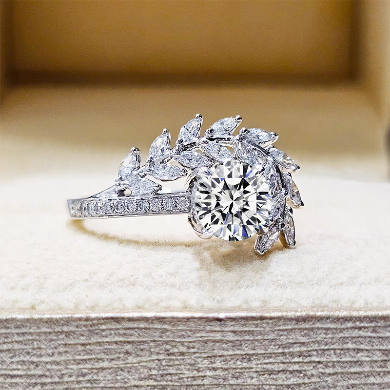 Solitaire Round Cut Wrapped With Paved Olive Branch Diamond Ring