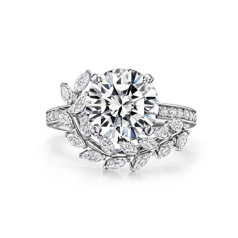Solitaire Round Cut Wrapped With Paved Olive Branch Diamond Ring top view