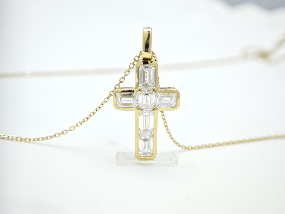 Bezel Set Emerald Cut Synthetic Diamond Cross Solitaire Pendant Charm