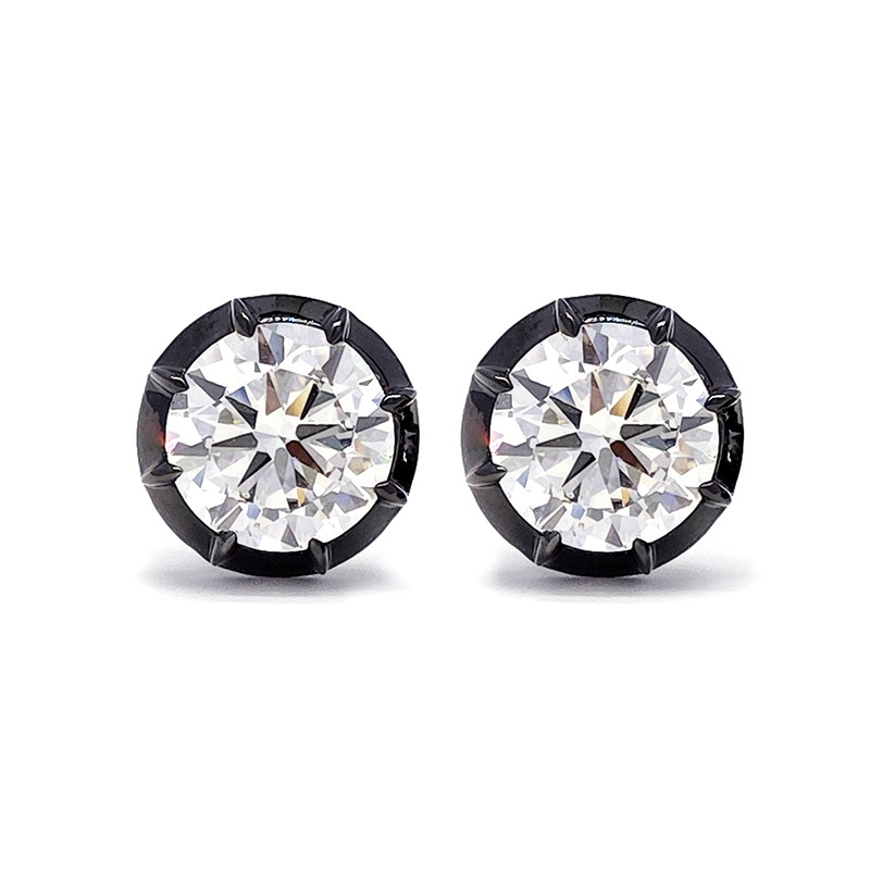Black Rhodium Bezel Round Man Made Diamond Edgy Solitaire Stud Earrings front view