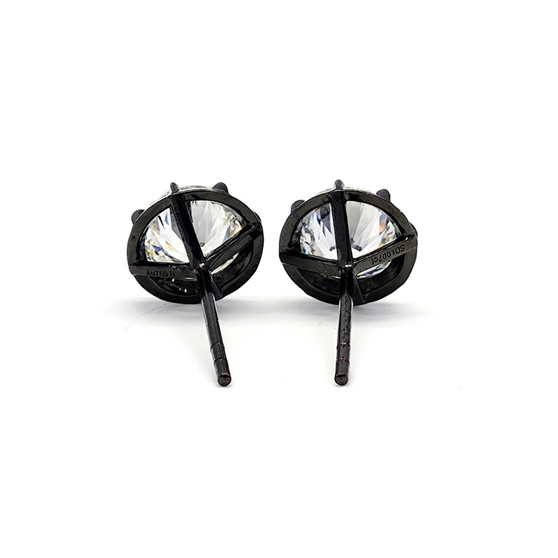 Black Rhodium Bezel Round Man Made Diamond Edgy Solitaire Stud Earrings back side