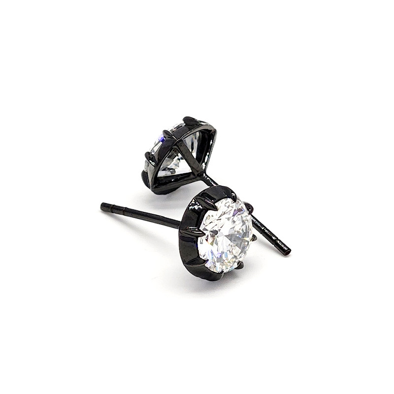 Black Rhodium Bezel Round Man Made Diamond Edgy Solitaire Stud Earrings close up