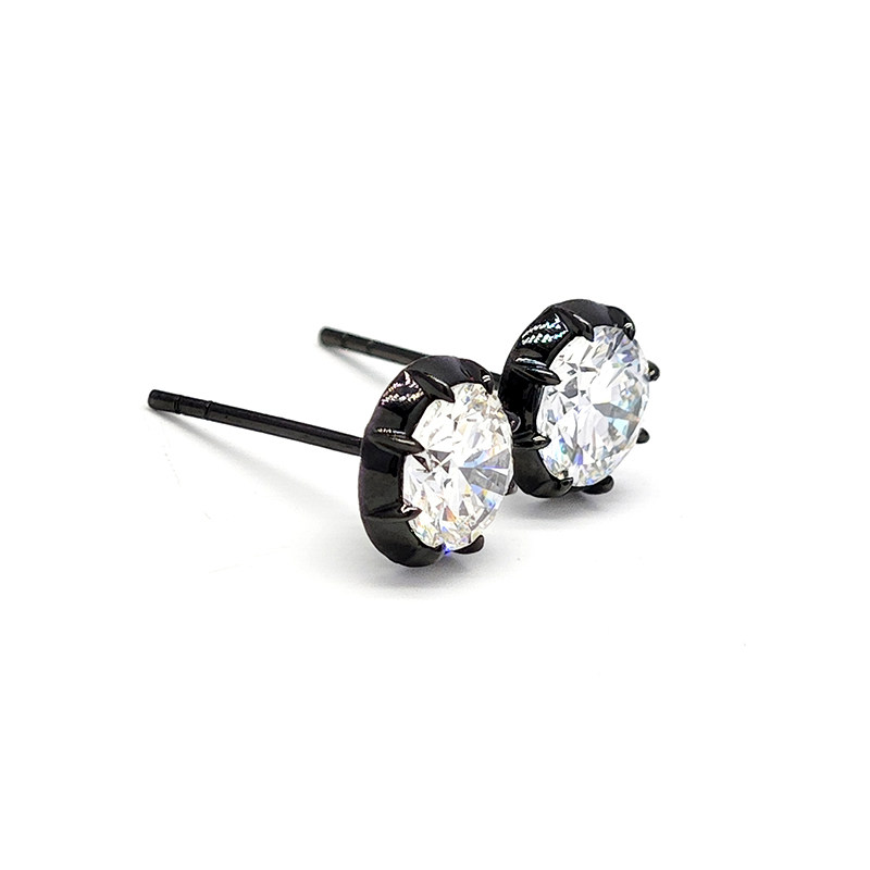 Black Rhodium Bezel Round Man Made Diamond Edgy Solitaire Stud Earrings side view