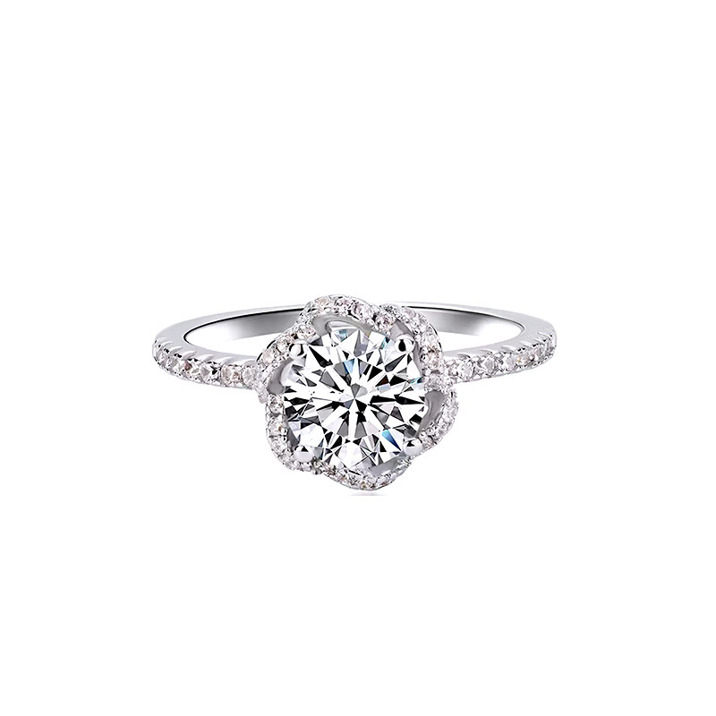 4 Prong Hollow Pave Bouquet Head High Profile Diamond Ring With Half Pave Thin Shank