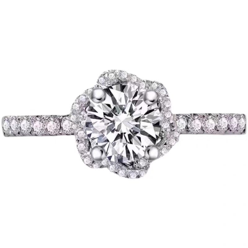 Brilliant Round Main Stone Hollow Floral Halo Engagement Ring With Half Pave Band