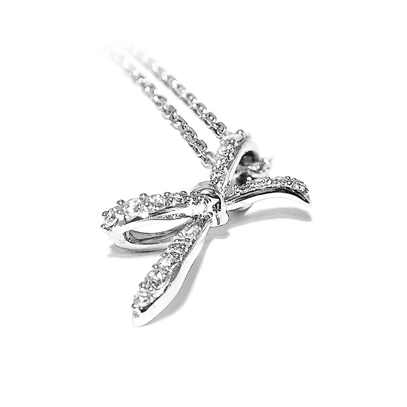 Bow knot Motif Full Micro Pave Cultivated Diamond Pendant White Gold Necklace