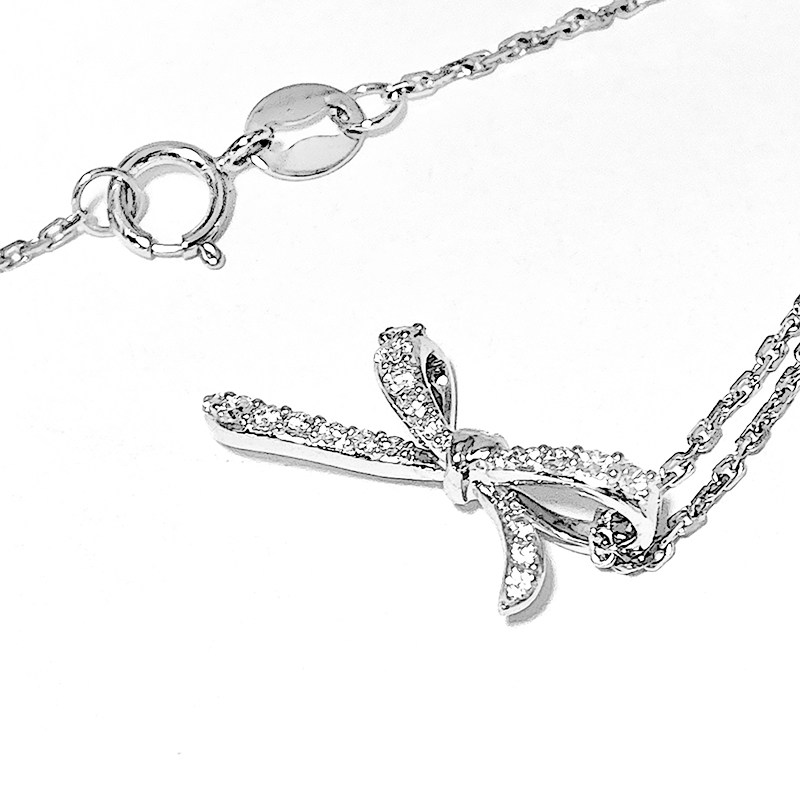 Bow knot Motif Full Micro Pave Cultivated Diamond Pendant White Gold Necklace with spring ring clasp