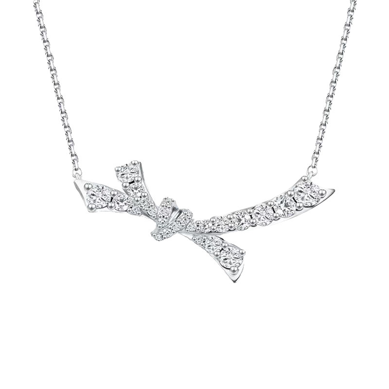 Full Pave Bow Knot Motif Cultivated Diamond Pendant White Gold Necklace