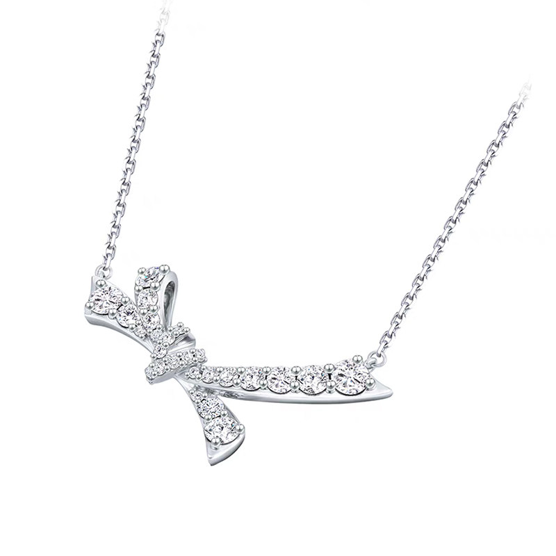 Full Pave Bow Knot Motif Cultivated Diamond Pendant White Gold Necklace close up