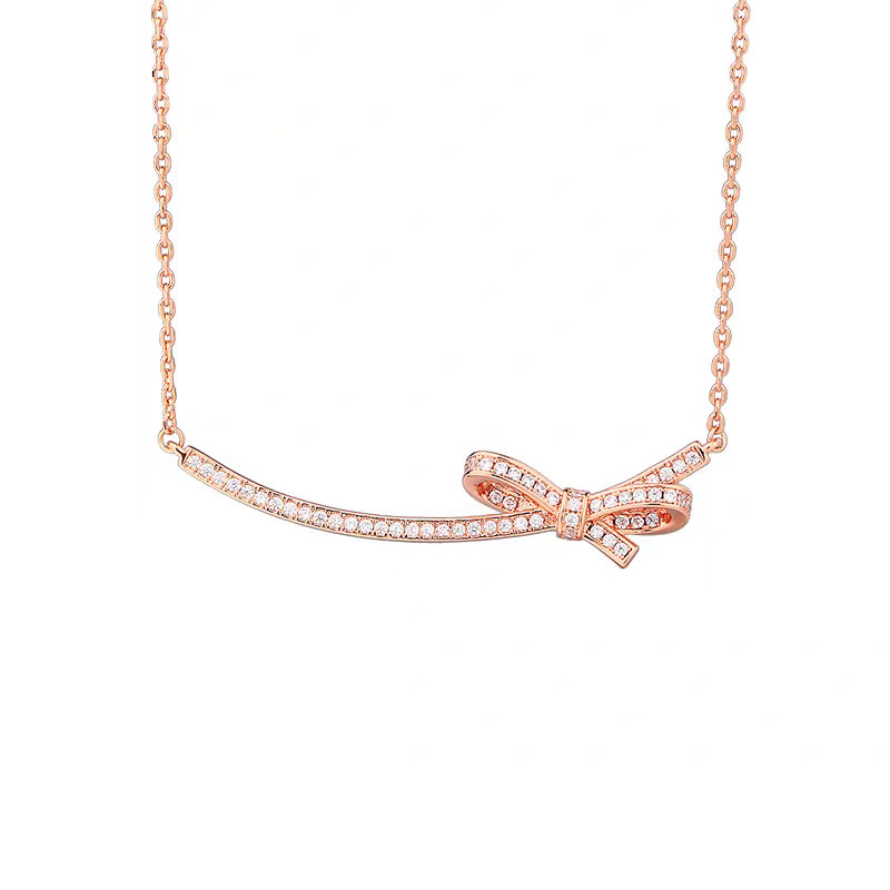 Bow-Knot Motif Full Channel Set Bar Pendant Rose Gold Necklace in blank background