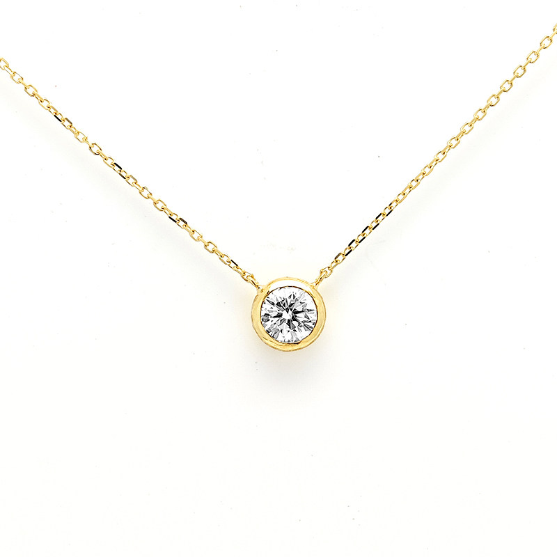 Solitaire Round Cut Bezel Diamond Pendant Yellow Gold Necklace