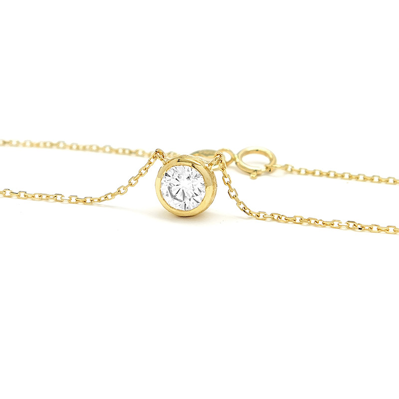 Solitaire Round Cut Bezel Diamond Pendant Yellow Gold Necklace with spring ring clasp