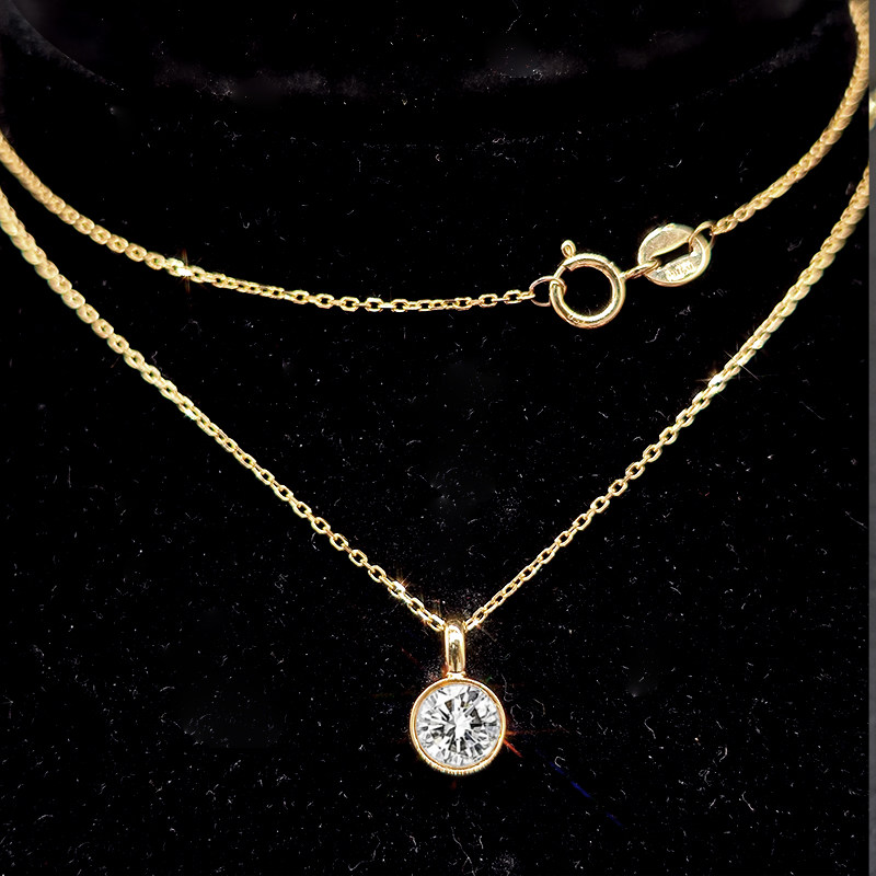 Solitaire Round Bezel Spring Ring Clasp Man Made Diamond Necklace wear effect