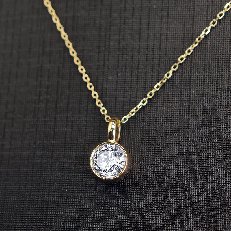 Solitaire Round Bezel Spring Ring Clasp Man Made Diamond Necklace details of pendant