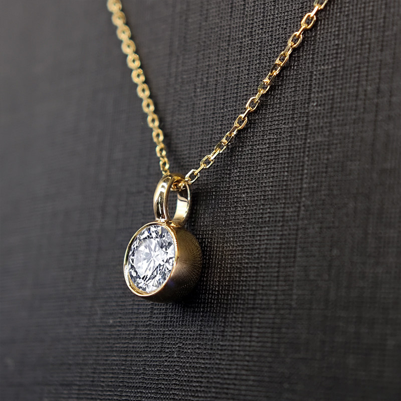 Solitaire Round Bezel Spring Ring Clasp Man Made Diamond Necklace side view