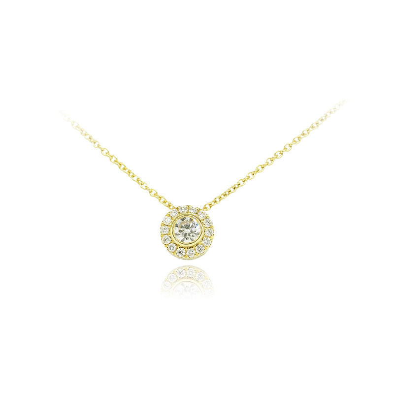 Round Cut Center Stone Bubble Bezel Set Halo Diamond Necklace in Yellow Gold