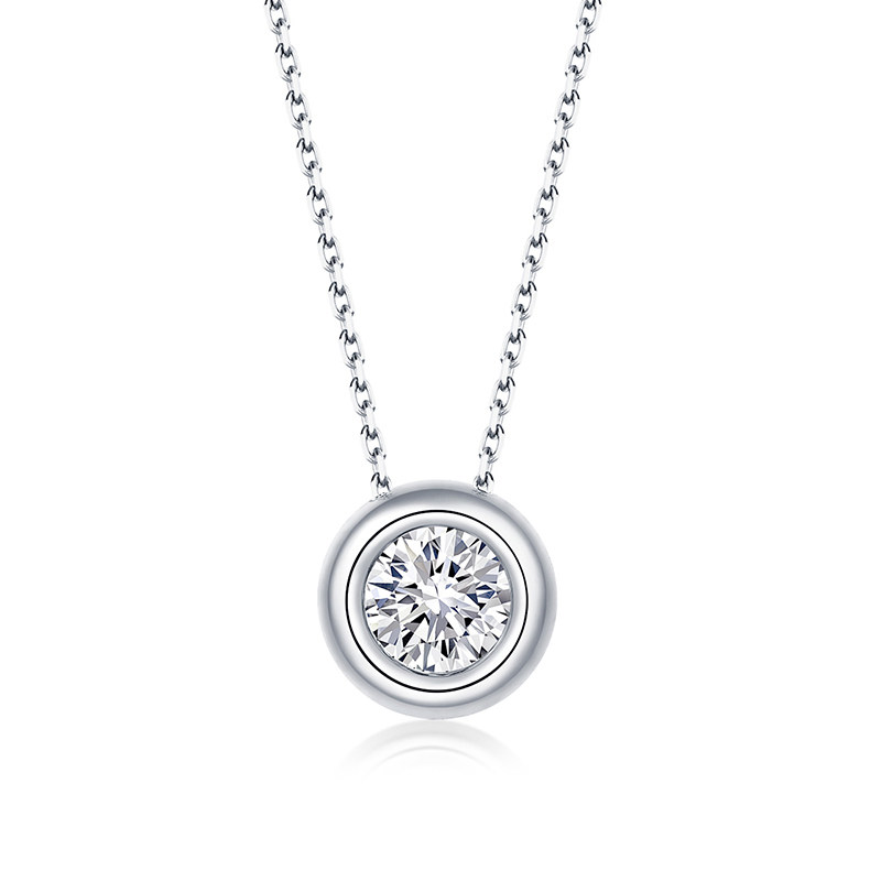 Solitaire Round Cut Wide Bezel Set Man Made Diamond White Gold Necklace