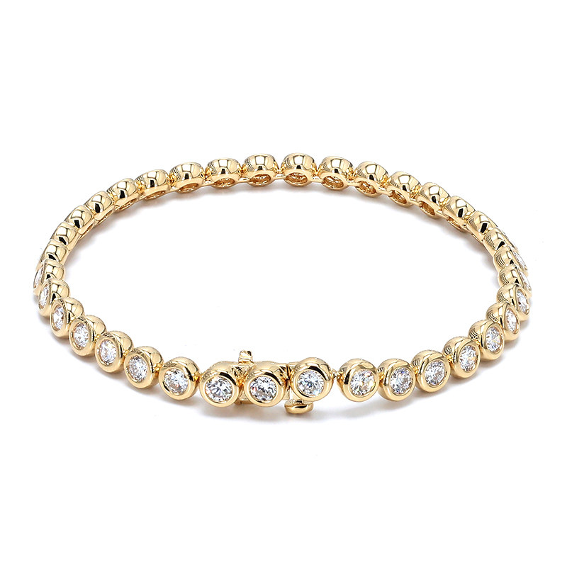 Continuous Bubble Bezel Open Bottom Setting Cultivated Diamond Tennis Bracelet on desk