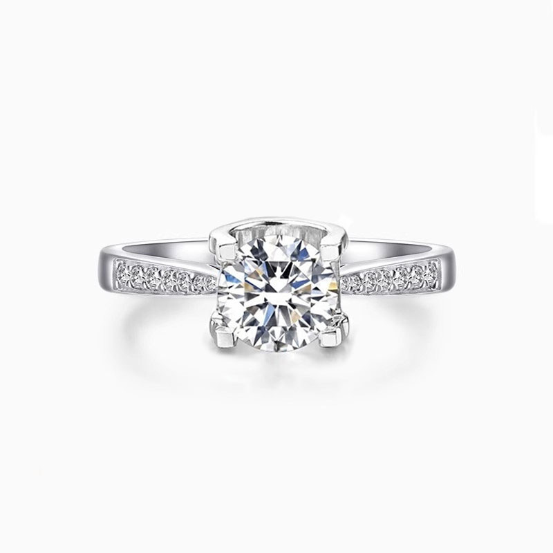 Round Cut Bullhead Prong Solitaire Diamond Ring With Half Pave Tapered Shank