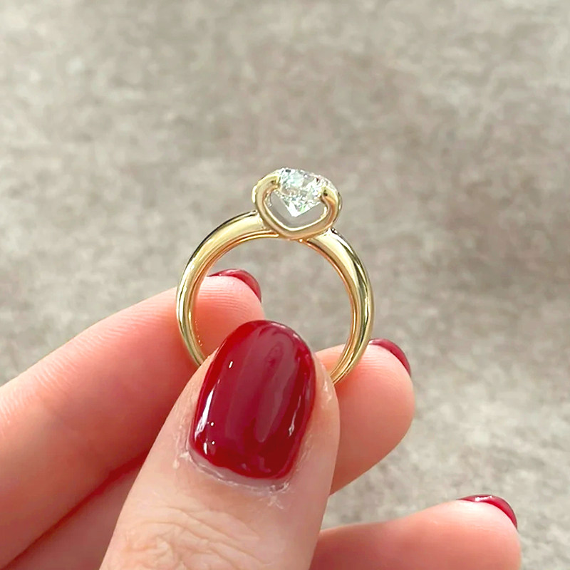 Round Cut Solitaire Heart Deco Float Setting Synthetic Diamond Ring With Plain Band near view