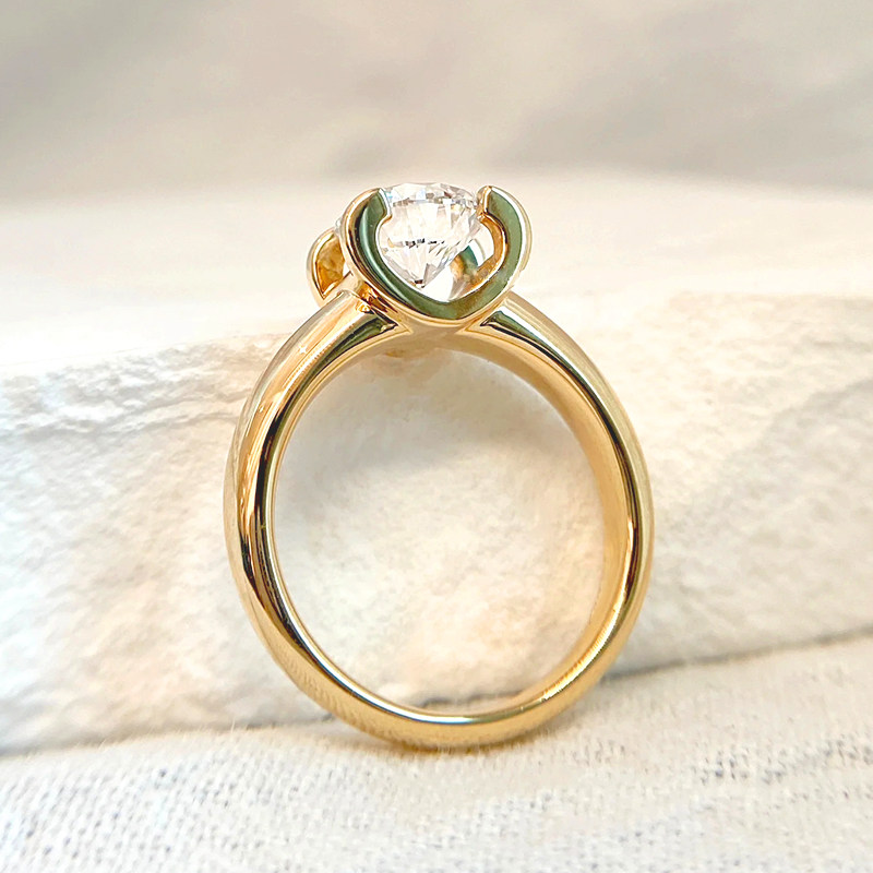 Round Cut Solitaire Heart Deco Float Setting Synthetic Diamond Ring With Plain Band details