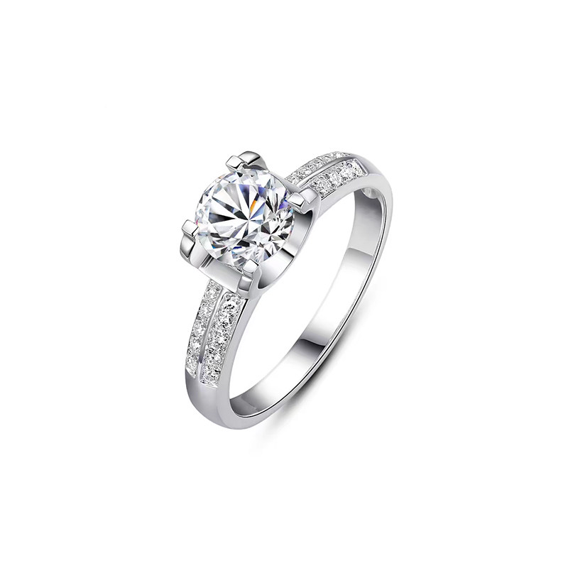 4 Bullhead Prong Solitaire Round Cut Diamond Ring With Double Row Pave Band
